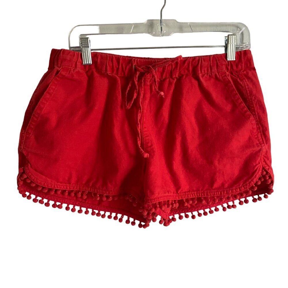 J.Crew Women's Red Pom-Pom Trim Linen Blend Shorts Pockets Size Small